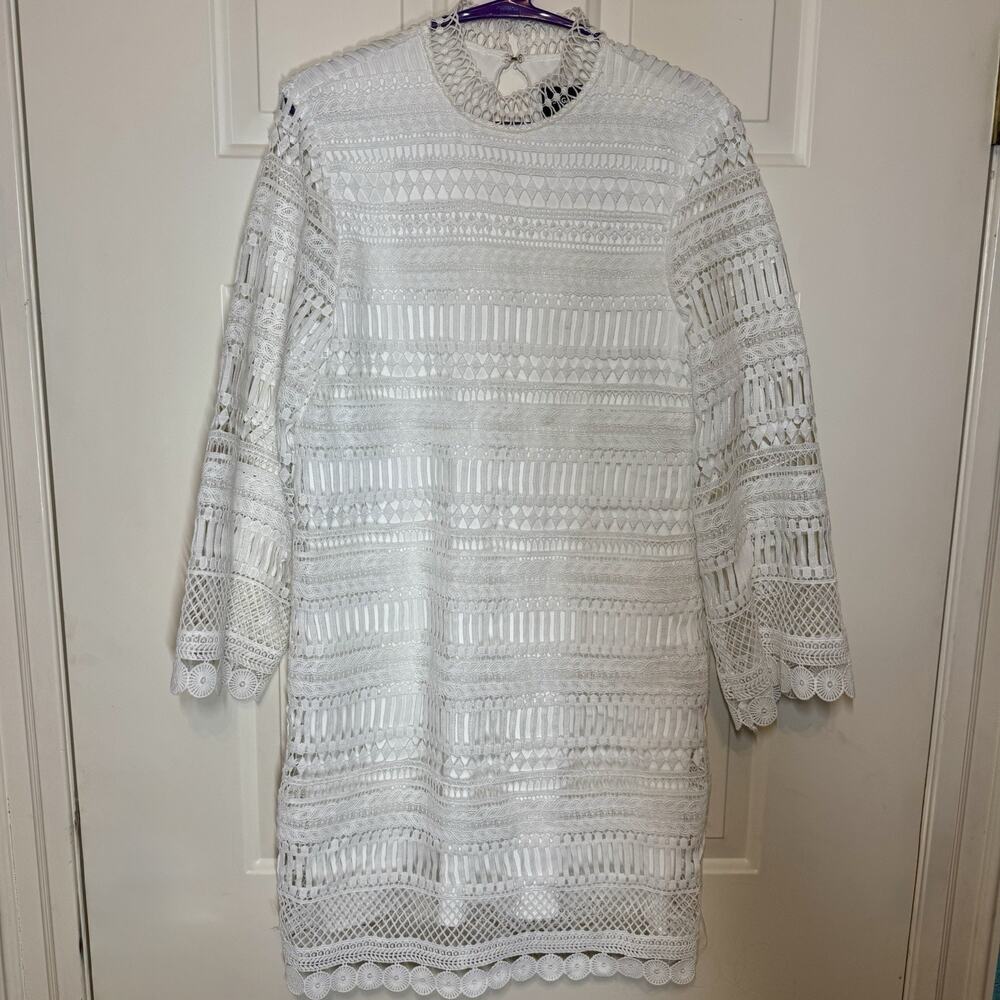 New Sugar Lips Womens Dress White Geometric Crocheted 3/4 Sleeve Boho Small - Picture 2 of 10